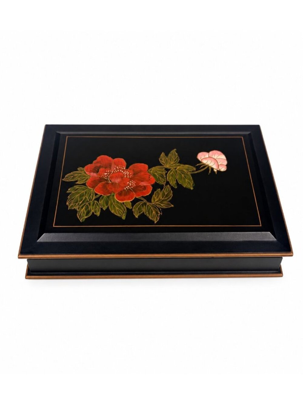 Jewlery Box Embossed Flowers Chinoiserie Oriental Boudoir Table Home Decor Black